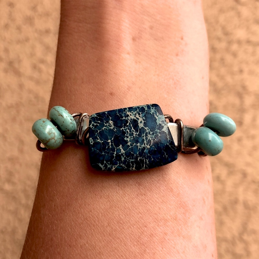 Silver Plated Stabilized Turquoise Hand Made Wire Bead Cuff Bracelet